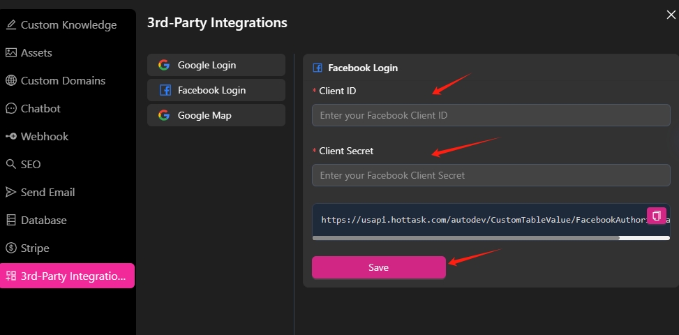 input app id and app secret